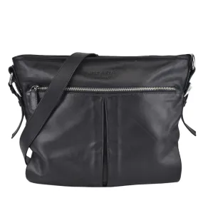 VA0885 Black Vitello Daino Messenger Bag with Front Zip Pocket