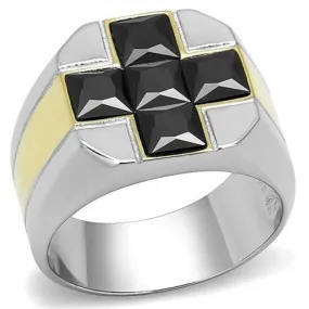 WildKlass Stainless Steel Ring Two-Tone IP Gold Men AAA Grade CZ Black Diamond