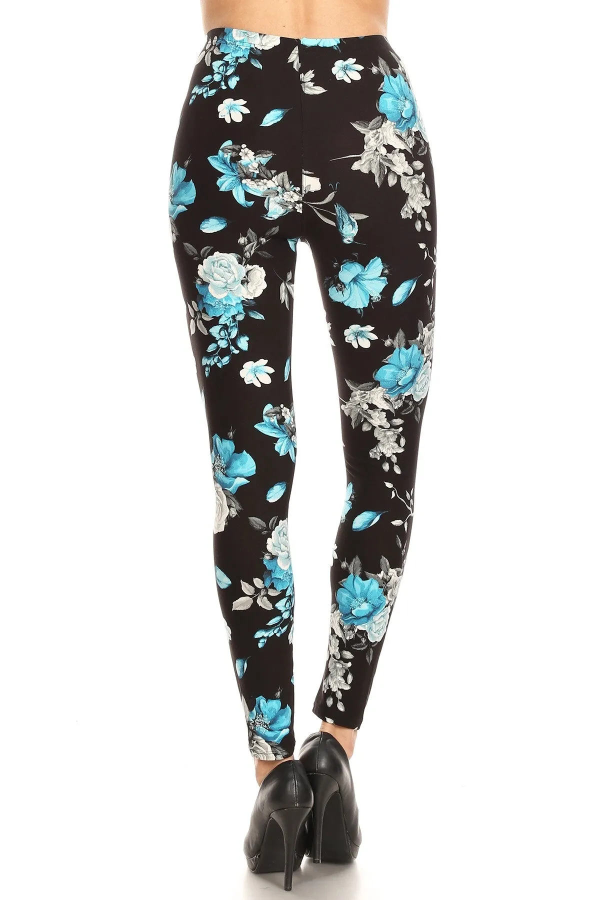 Women's Regular Blue Flower and Bird Pattern Printed Leggings